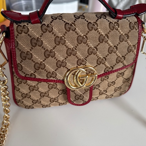 Authentic Gucci GG Marmont Mini Top Handle Bag - GG Supreme Canvas Red Leather G - Picture 1 of 8